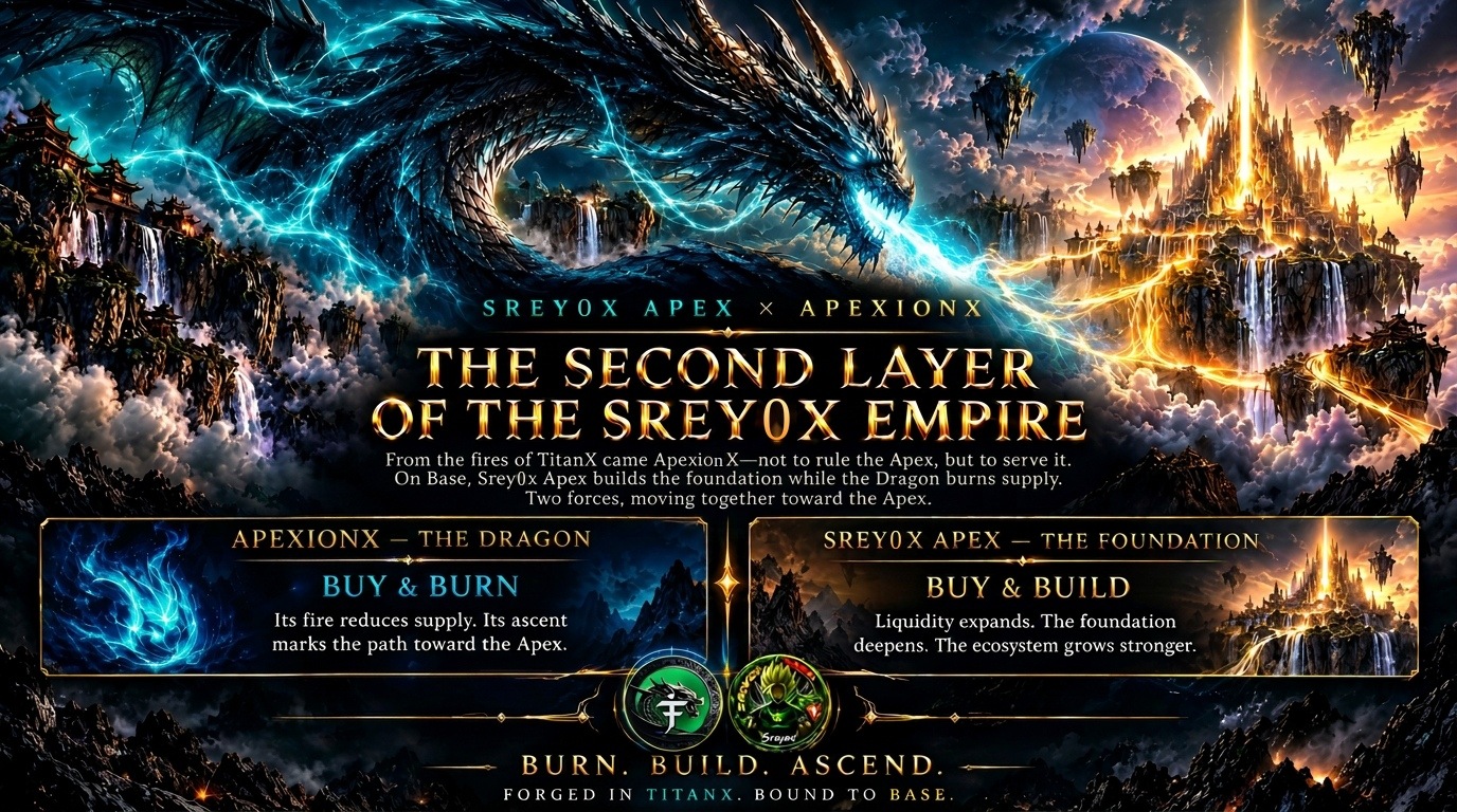 ApexionX on Base: an electric-blue dragon faces the golden Srey0x Empire. Buy and burn. Buy and build. Burn. Build. Ascend.
